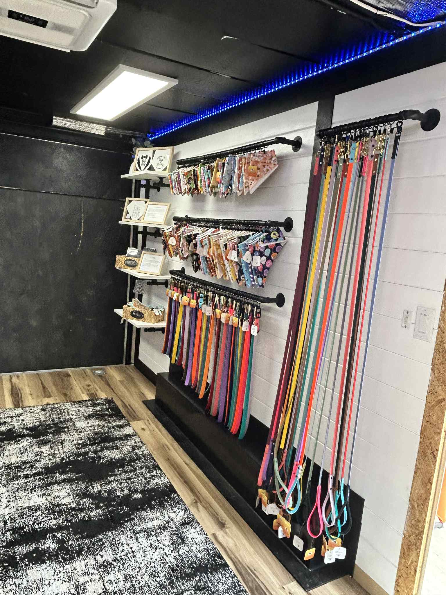 Display of colorful, biothane dog collars and leashes in The Leash Lounge's trailer