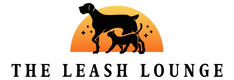 Logo of The Leash Lounge with silhouettes of two dogs against an orange and yellow sunset background.