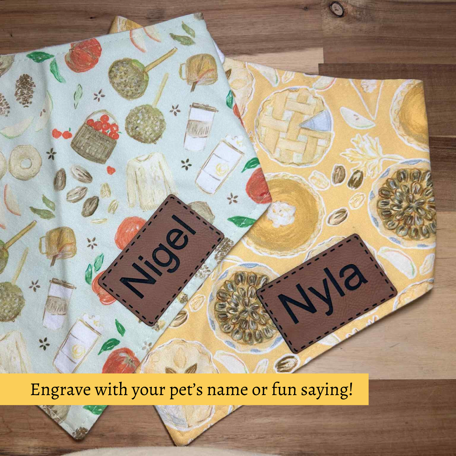 graphic that shows 2 patterned bandanas with the ability to add a leather patch to a dog's bandana by personalizing with their pet's name or a fun saying