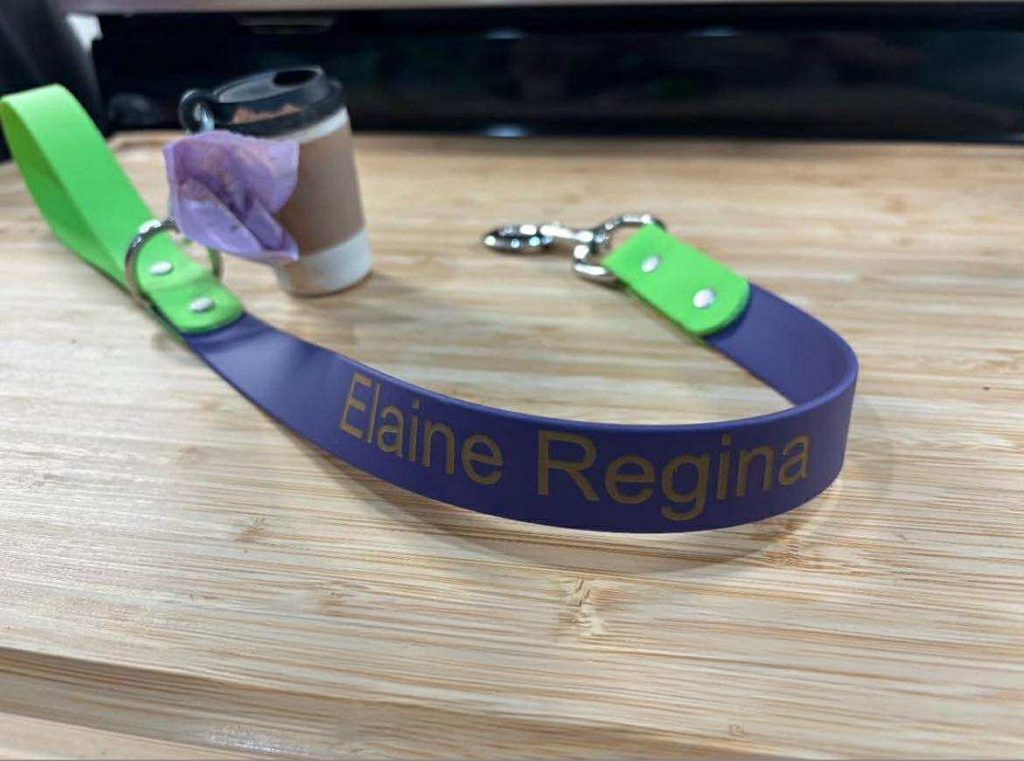 Purple 2 foot dog leash with lime green biothane strap and engraved name on a wooden surface
